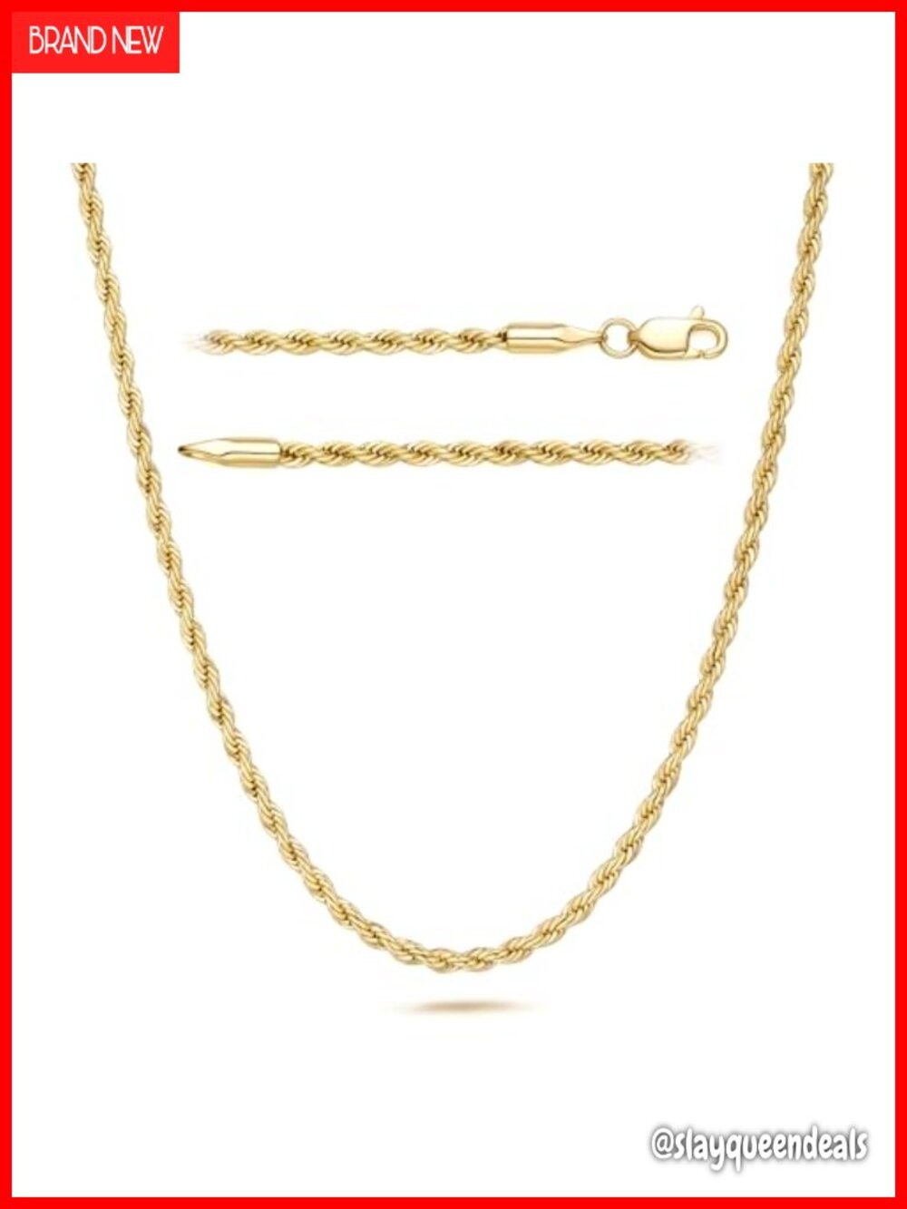 14K Gold Plated Rope Chain Necklace Lobster Clasp Unisex 20in